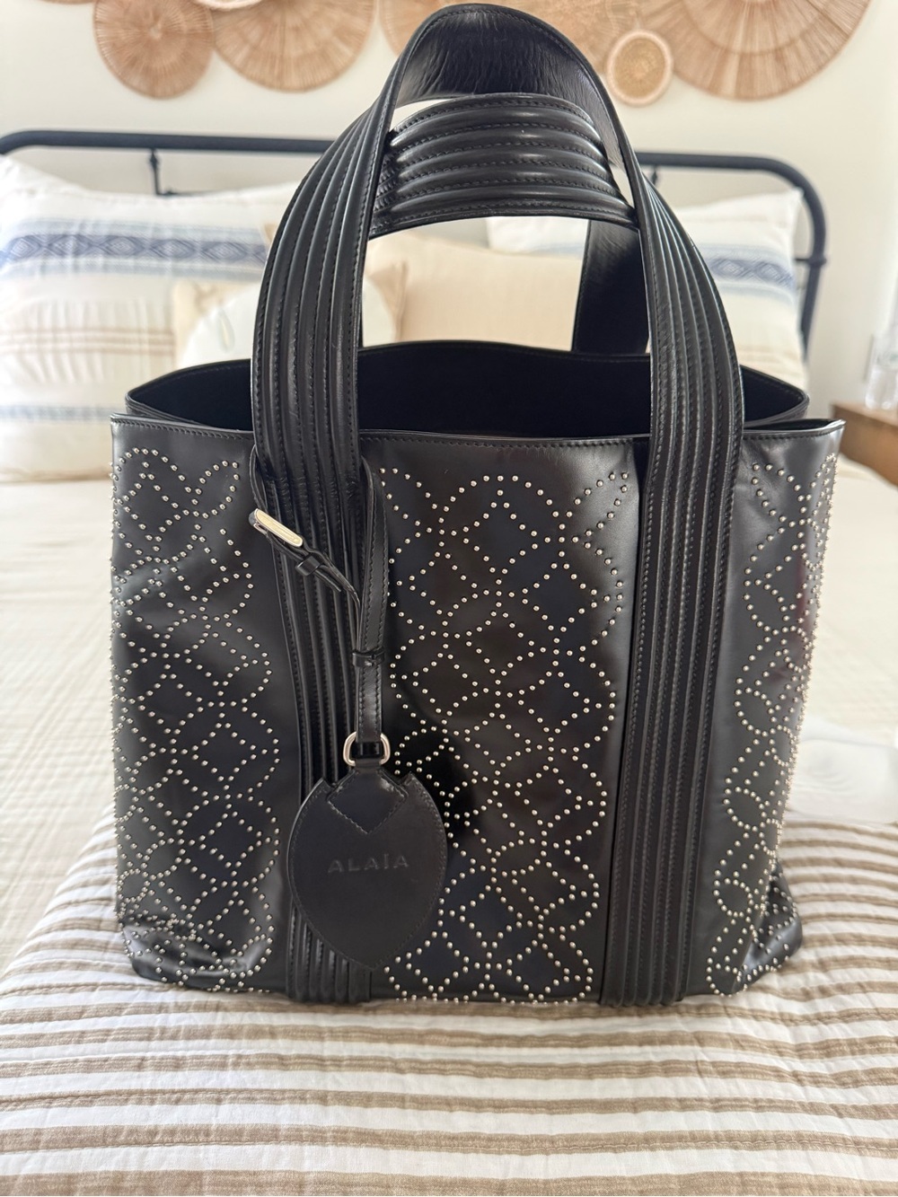 ALAIA Arabesque Black Studded Leather Tote Bag